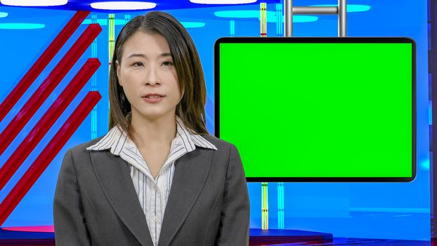 Female Asian American News anchorwoman in virtual TV studio with green screen suspended display, original design elements