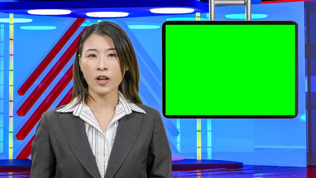 Female Asian American News anchorwoman in virtual TV studio with green screen suspended display, original design elements