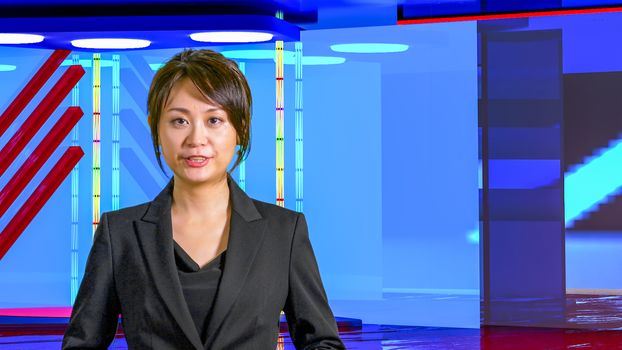 Female Asian American News anchorwoman in virtual TV studio, original design elements