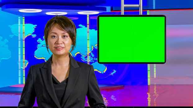 Female Asian American News anchorwoman in virtual TV studio with green screen suspended display, original design elements