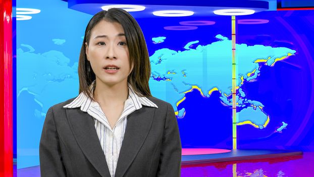 Female Asian American News anchorwoman in virtual TV studio, original design elements