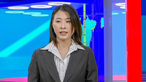 Female Asian American News anchorwoman in virtual TV studio, original design elements