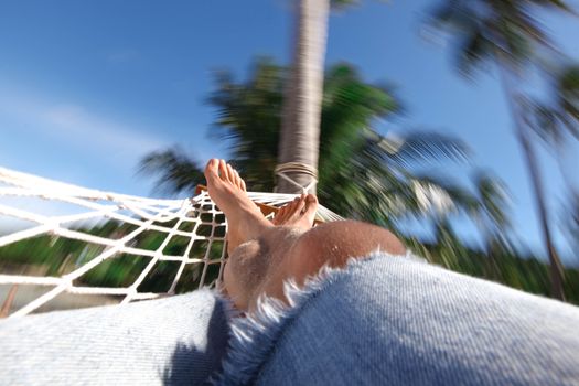 Relaxed male tourist swaying in a hammock under the palm