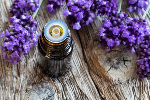 A bottle of essential oil with fresh blooming lavender on a rustic wooden background