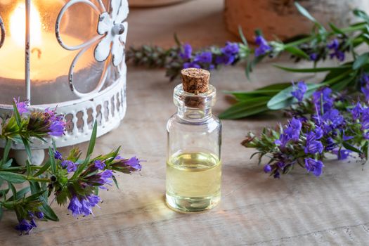 A bottle of essential oil with fresh blooming hyssop twigs