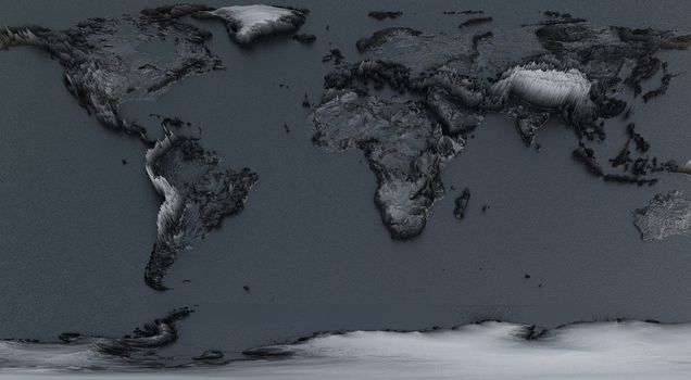 Abstract Black World Map, Continets Extruded or Displacement. 3D illustration
