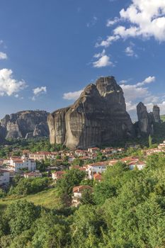 Kastraki, Greece - 07.04.2018. Panoramic view of the Kastraki village at the foot of the Meteora Mountains in Greece on a sunny summer day