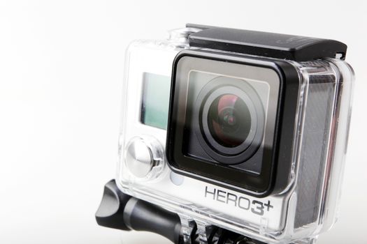 Pomorie, Bulgaria - April 25, 2019: GoPro HERO3+ Black Edition Isolated On White Background. GoPro Is A Brand Of High-Definition Personal Cameras, Often Used In Extreme Action Video Photography.