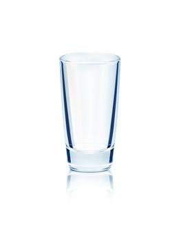 Empty glass on a reflective surface on isolated on white background