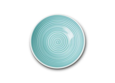 Empty green ceramic plate with spiral pattern in watercolor styles, View from above isolated on white background with clipping path