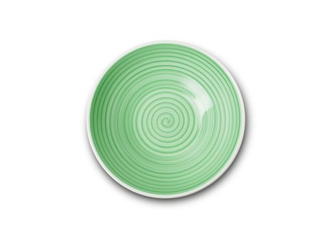 Empty green ceramic plate with spiral pattern in watercolor styles, View from above isolated on white background with clipping path