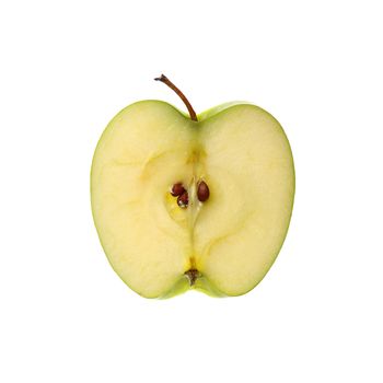 Close up one round thin cut slice of fresh green apple, backlit and isolated on white background