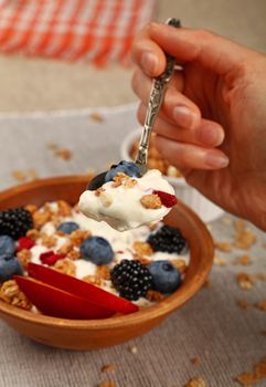 Close up portion of muesli granola breakfast with yogurt, fruits and berries, elevated top view, directly above