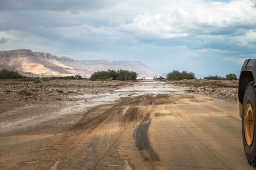 the main road 90 in Israel near Masada is blocked by floods and mud, the road goes from Eilat to jerusalem