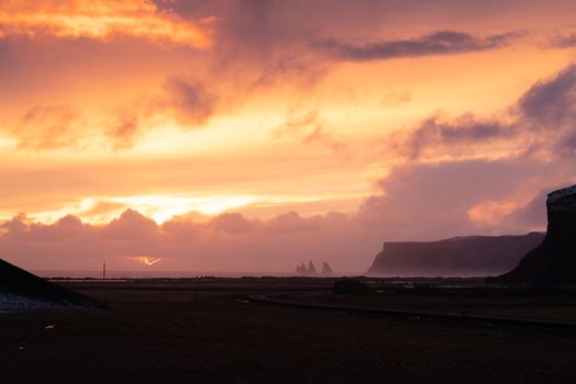 Panoramic landscape along the southern coast of Iceland close to Vik during sundown