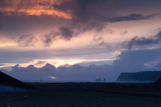 Panoramic landscape along the southern coast of Iceland close to Vik during sundown