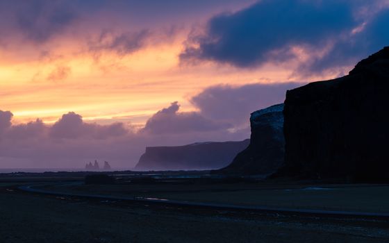 Panoramic landscape along the southern coast of Iceland close to Vik during sundown