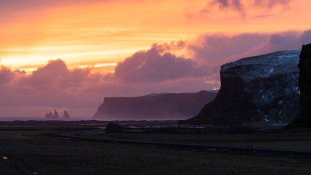 Panoramic landscape along the southern coast of Iceland close to Vik during sundown