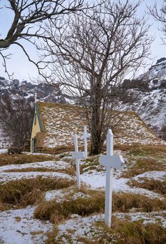 Old church of the village Hof during winter, Iceland