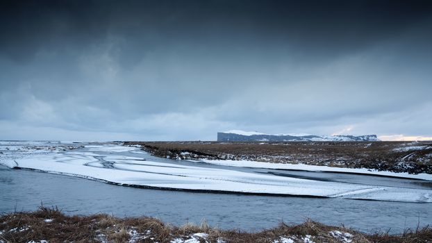 Panoramic landscape along the southern coast of Iceland during sundown