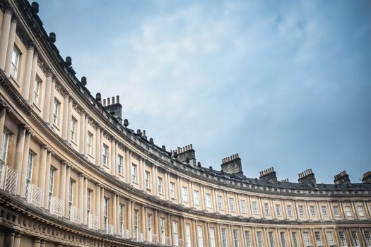 Black And White Panorama Of The Iconic Circus Terrace Of Townhouses In Bath, England