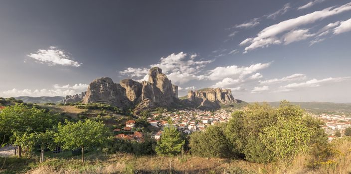 Panoramic view of the Kalambaka town at the foot of the Meteora Mountains in Greece on a sunny summer day