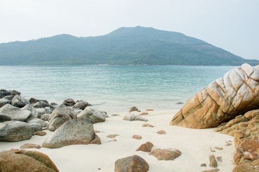 Sea tropical landscape with mountains and rocks, blue sea and blue sky