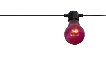 Red color lightbulb on string isolated on white