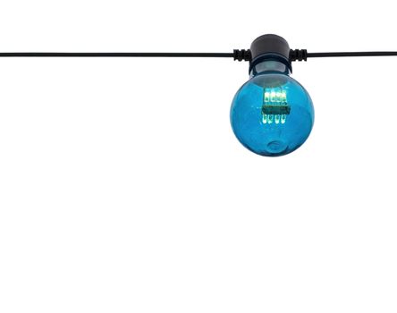 Blue color lightbulb on string isolated on white