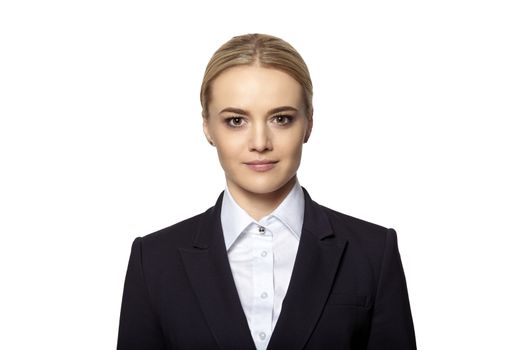 Portrait of pretty blonde in business outfit. Studio shot isolated on white background. 