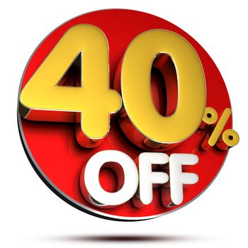 40 percent off 3D rendering on white background.(with Clipping Path).