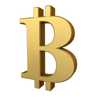 Golden Bitcoin sign isolated on white background, three-dimensional rendering, 3D illustration