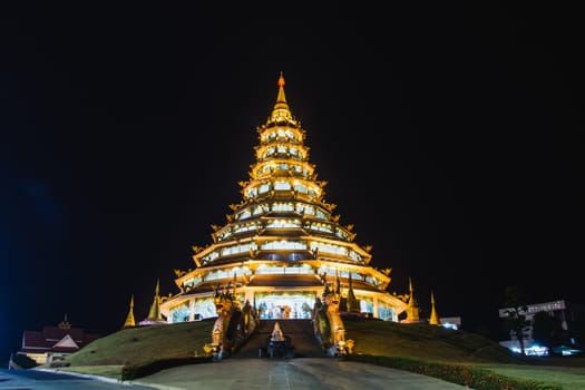 Wat Huay Pla Kang, beaufiful chedi (pagoda) at night, Chinese temple in Chiang Rai Province, northern of Thailand.