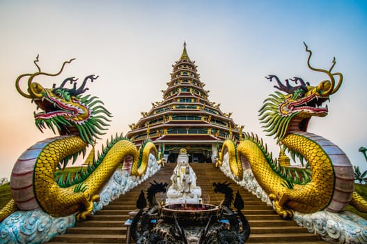 Wat Huay Pla Kang, beaufiful chedi (pagoda) at night, Chinese temple in Chiang Rai Province, northern of Thailand.