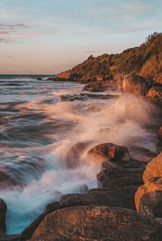 Wombarra coastline on the Illawarra escarpment swallowed up by the ocean high tide. Australia