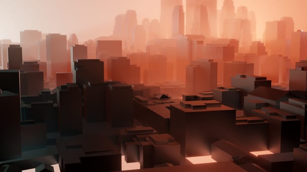 City in red fog. Atmospheric emissions or explosion. 3D illustration. Concept of air pollution or military action