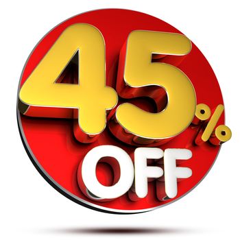 45 percent off 3D rendering on white background.(with Clipping Path).
