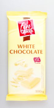 Pomorie, Bulgaria - April 30, 2019: Fin Carré Chocolate (100g) Against White Background.