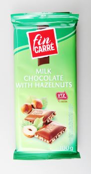 Pomorie, Bulgaria - April 30, 2019: Fin Carré Chocolate (100g) Against White Background.