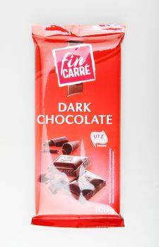 Pomorie, Bulgaria - April 30, 2019: Fin Carré Chocolate (100g) Against White Background.