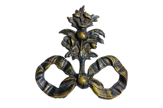 Antique, bronze, forged monogram in the form of a poppy flower isolate against white background