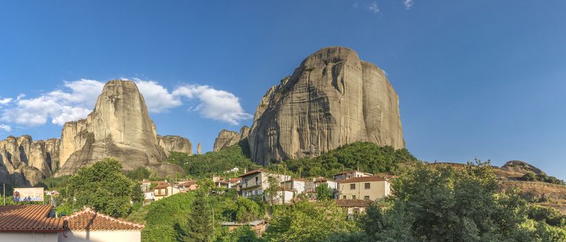 Kastraki, Greece - 07.04.2018. Panoramic view of the Kastraki village at the foot of the Meteora Mountains in Greece on a sunny summer day