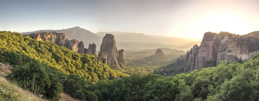 Panoramic view of the Rousanou Monastery in Meteora, Kalambaka town in Greece, on a sunny summer evening