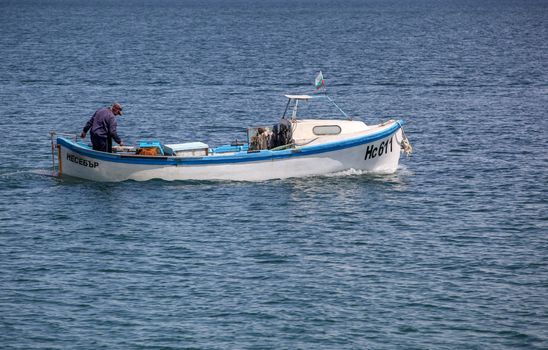 Pomorie, Bulgaria - May 01, 2019: Fishing Boat At Sea.