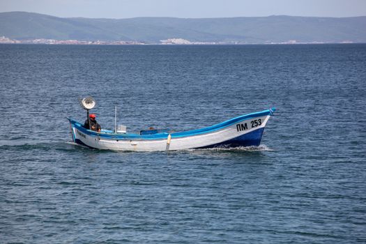 Pomorie, Bulgaria - May 01, 2019: Fishing Boat At Sea.