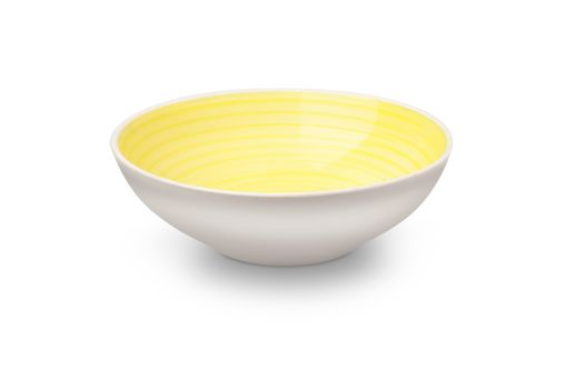 Empty yellow ceramic plate with spiral pattern in watercolor styles. Isolated on white background with clipping path