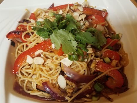 asian noodles with red bell peppers and cilantro and nuts