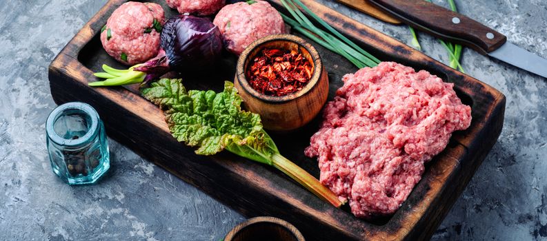 Meat balls from raw beef force-meat on kitchen board.Raw ground beef meat
