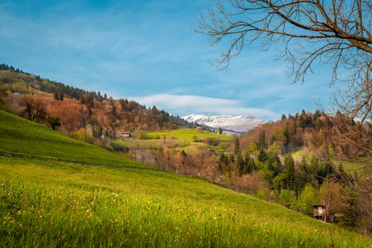Landscape of green hills in Orobie mountains,background view of mountain peaks in spring time with snow, Seriana valley near Bergamo,Lombardy,italy