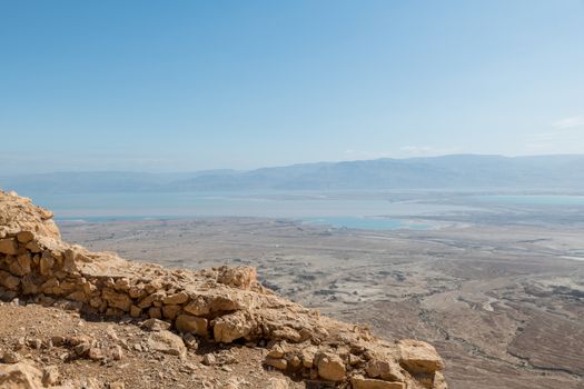 view from masada to the dead sea in israel and jordan across the sea